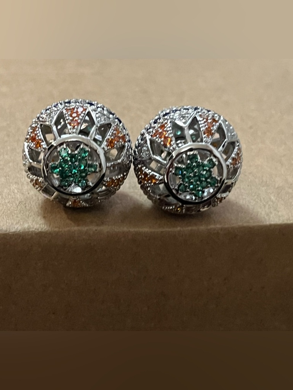 Silver Floral Stud Earrings with Multicolor Crystals and Detailed Backs